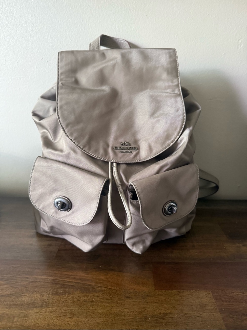 Coach Billie Nylon Leather Lightweight Logo Backpack Turn Lock In Fog
